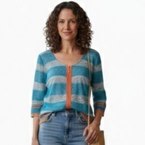 Ivy Jane Boho Beachy Striped Open Blue Knit Cardigan Orange Zipper Women's L